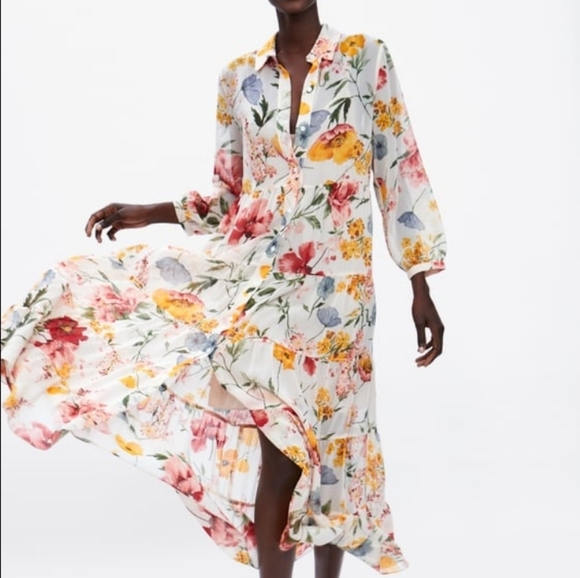 Zara Dresses & Skirts - Zara Floral Bohemian Button Down 3/4 Sleeve Maxi Dress | NWT off white; Size S